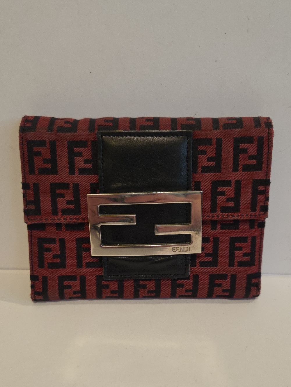 Fendi Red Monogram Canvas Wallet with Black Trim and Silver Hardware